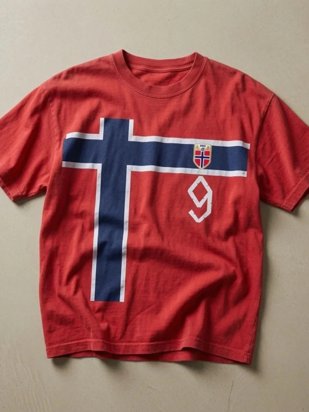 Number 9 Norway Shirt: Harland Shirt, Norwegian Football Supporter Tee Size M